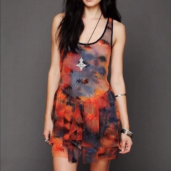 Free People | Dresses | Free People Fairy Grunge Tiered Floral Mesh Rust  Tie Dye Mini Slip Dress S | Poshmark